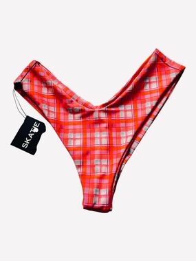 Skatie Swim Bottoms Pink Plaid High Rise Bikini M NWT